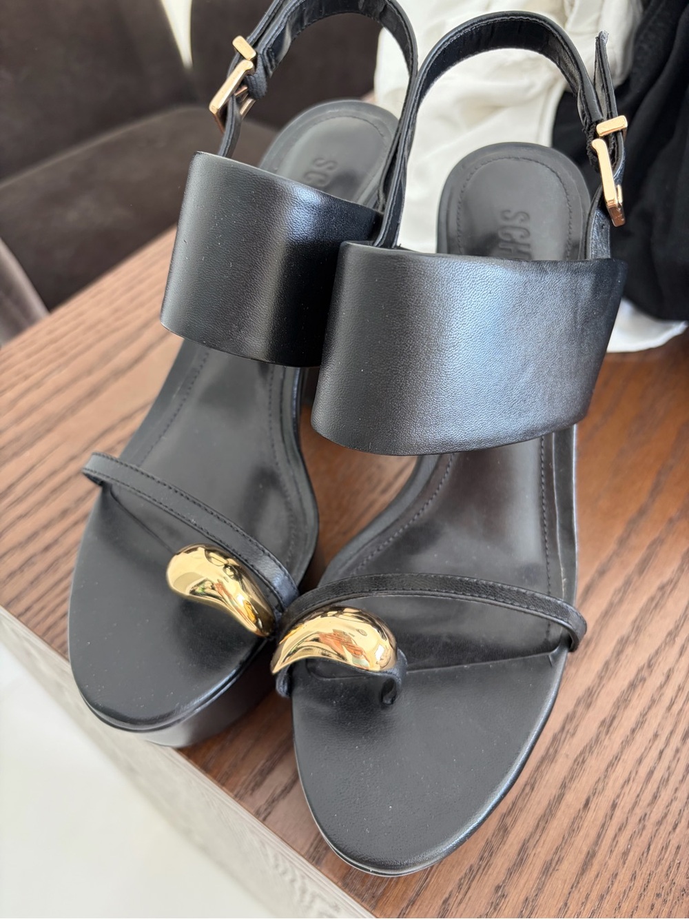 SCHUTZ Black Leather Slingback Heels with Gold Toe Accents